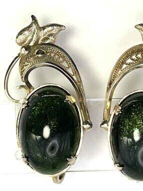 Vintage 12K Gold Filled Clip on Earrings Green Sparkle Glass Cabochon Filigree